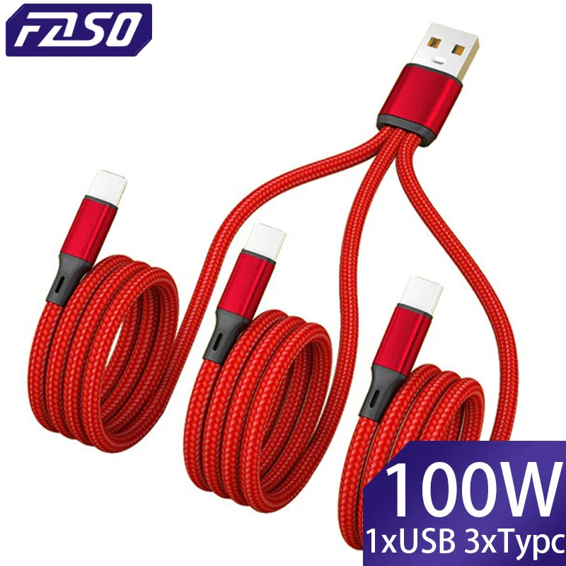 FASO 3-in-1 USB-A to 3×Type-C Cable | 100W 6A Fast Charging & Data Sync