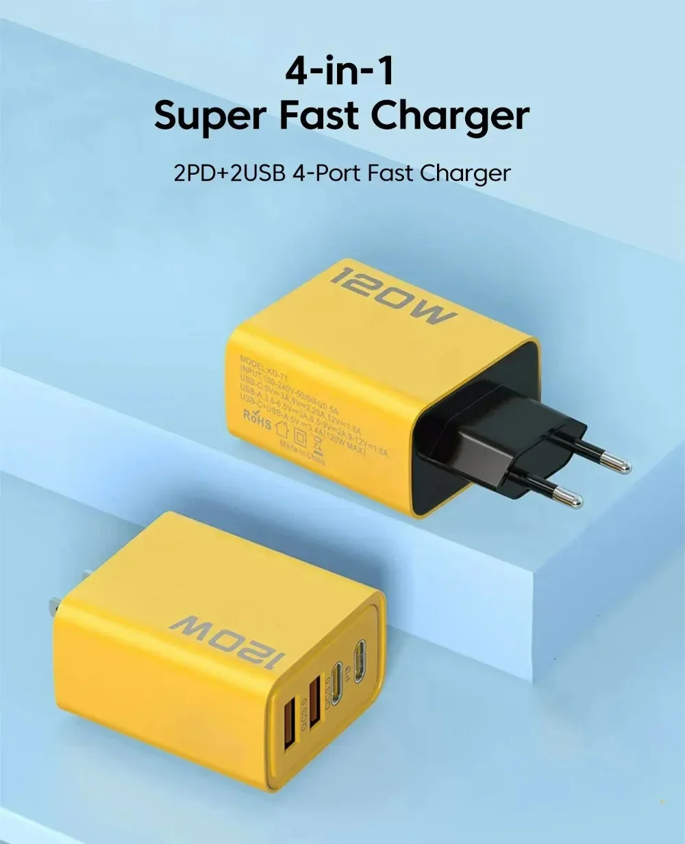 Quick Charge 3.0 – 120W 4-Port Fast USB Wall Charger (PD + Type-C)