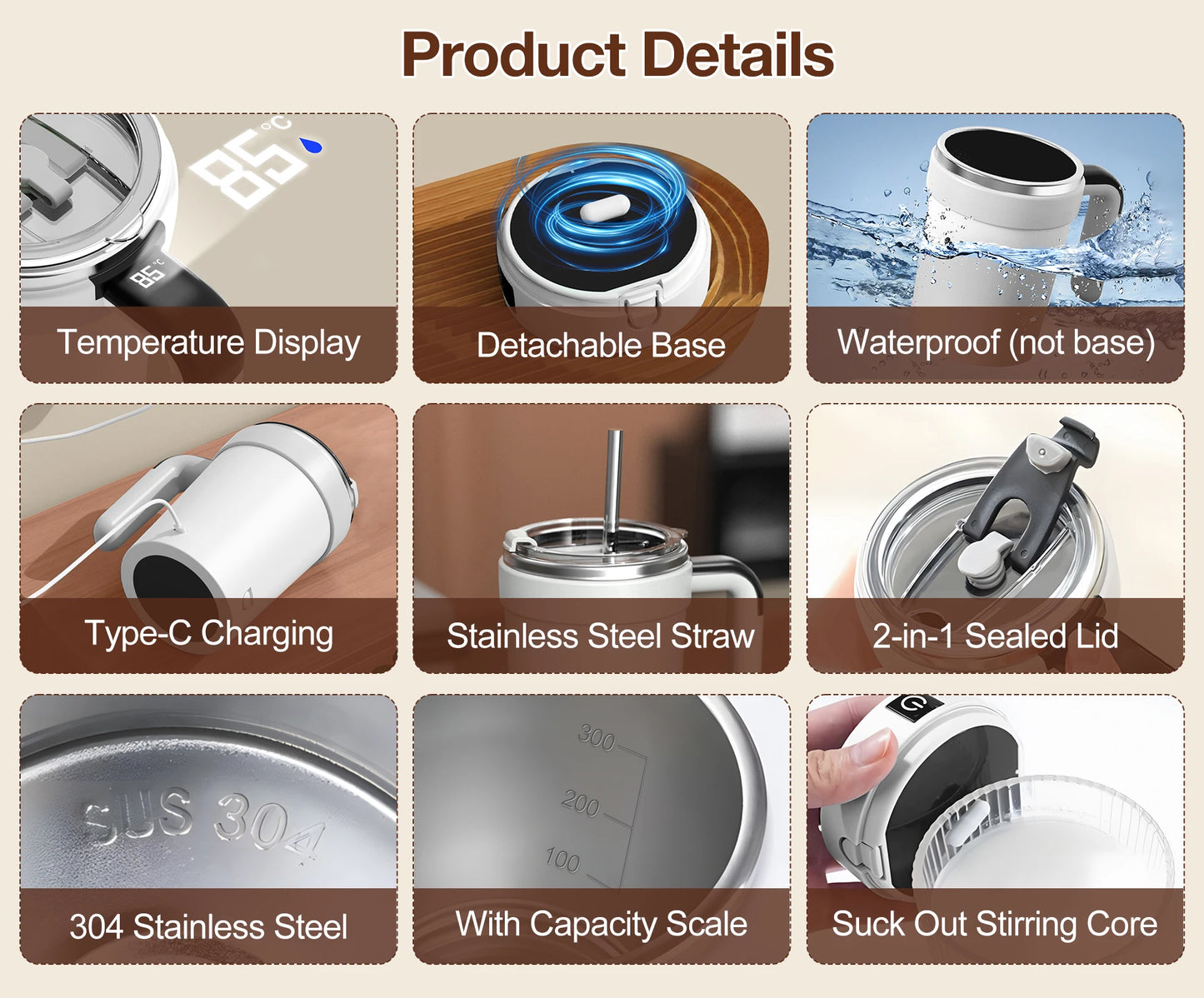 Automatic Stirring Mug – Rechargeable Magnetic Mixer with LED Temp Display | 380ml