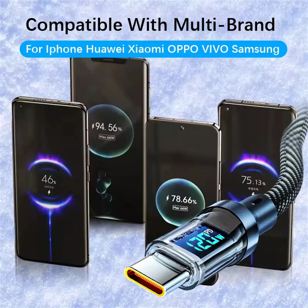 120W USB-C to USB-C Fast Charging Cable with LED Display – For Android, Samsung, Huawei, Xiaomi, More