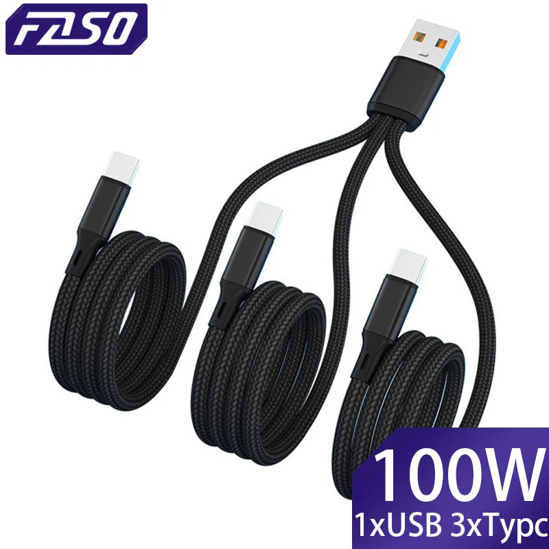 FASO 3-in-1 USB-A to 3×Type-C Cable | 100W 6A Fast Charging & Data Sync