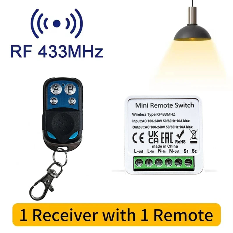 433MHz Wireless Light Switch Kit with RF Relay Receiver & Timer | 16A Smart Wall Remote for Home Automation