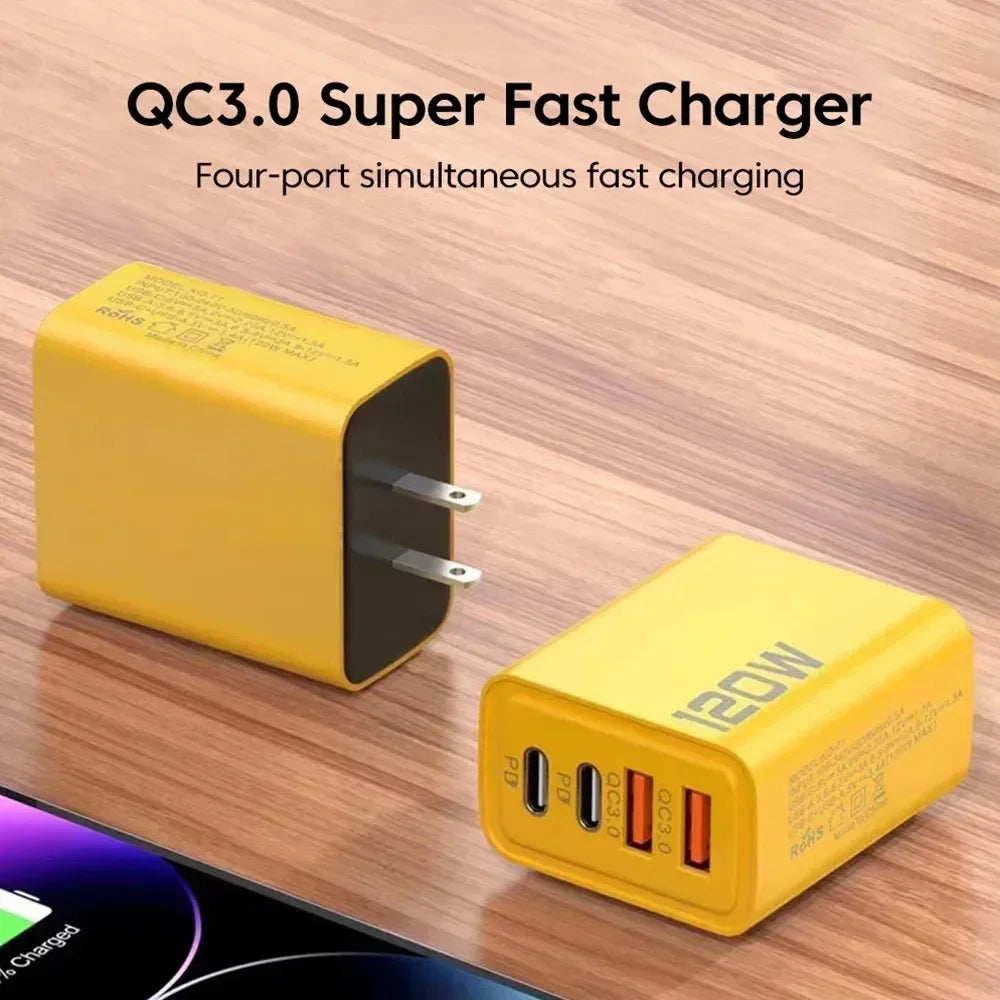 Quick Charge 3.0 – 120W 4-Port Fast USB Wall Charger (PD + Type-C)
