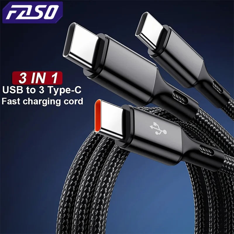 FASO 3-in-1 USB-A to 3×Type-C Cable | 100W 6A Fast Charging & Data Sync