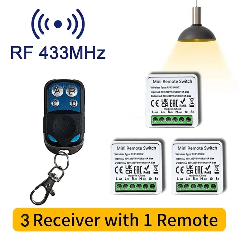 433MHz Wireless Light Switch Kit with RF Relay Receiver & Timer | 16A Smart Wall Remote for Home Automation