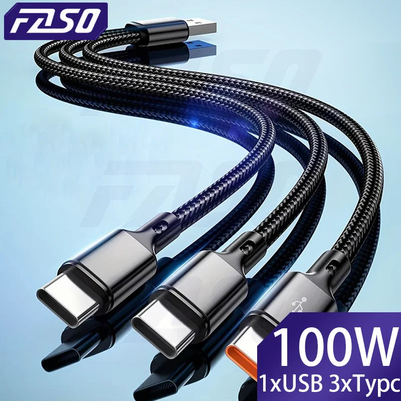 FASO 3-in-1 USB-A to 3×Type-C Cable | 100W 6A Fast Charging & Data Sync