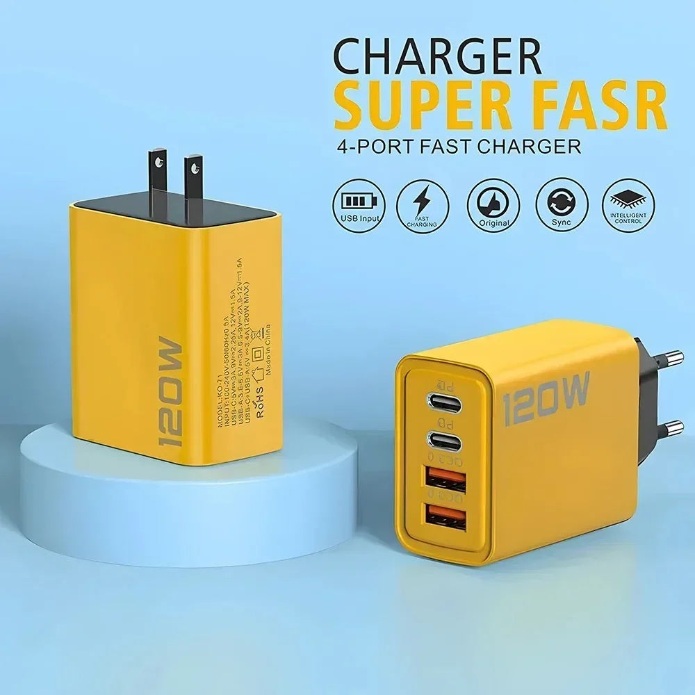 Quick Charge 3.0 – 120W 4-Port Fast USB Wall Charger (PD + Type-C)