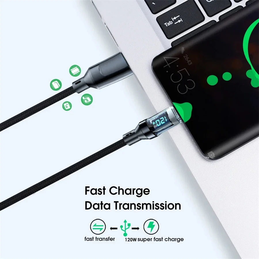 120W USB-C to USB-C Fast Charging Cable with LED Display – For Android, Samsung, Huawei, Xiaomi, More