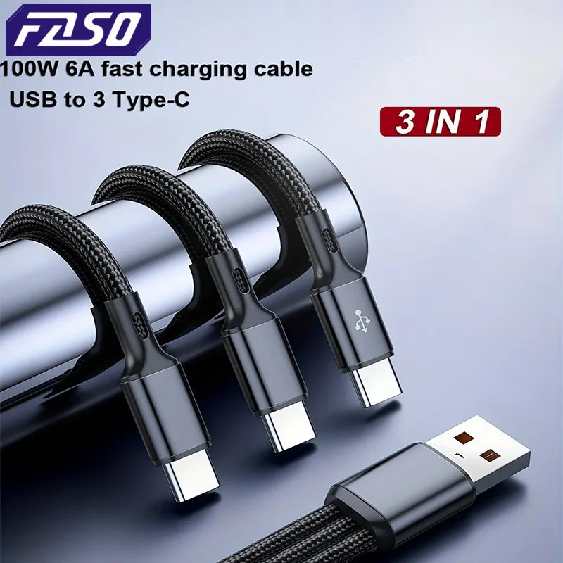 FASO 3-in-1 USB-A to 3×Type-C Cable | 100W 6A Fast Charging & Data Sync