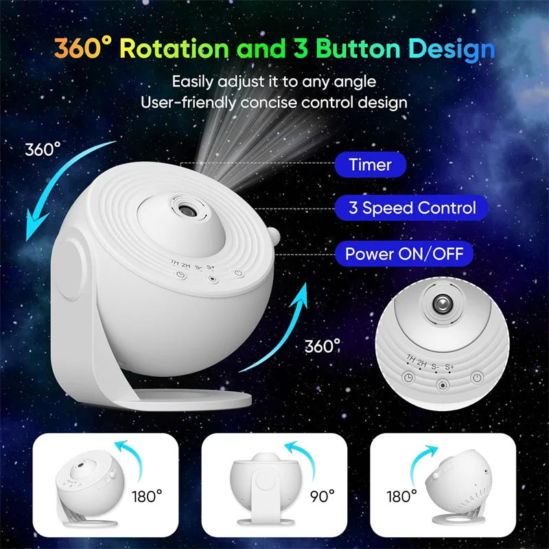 Galaxy Star Projector – 360° Rotating Nebula Light with Remote & Timer