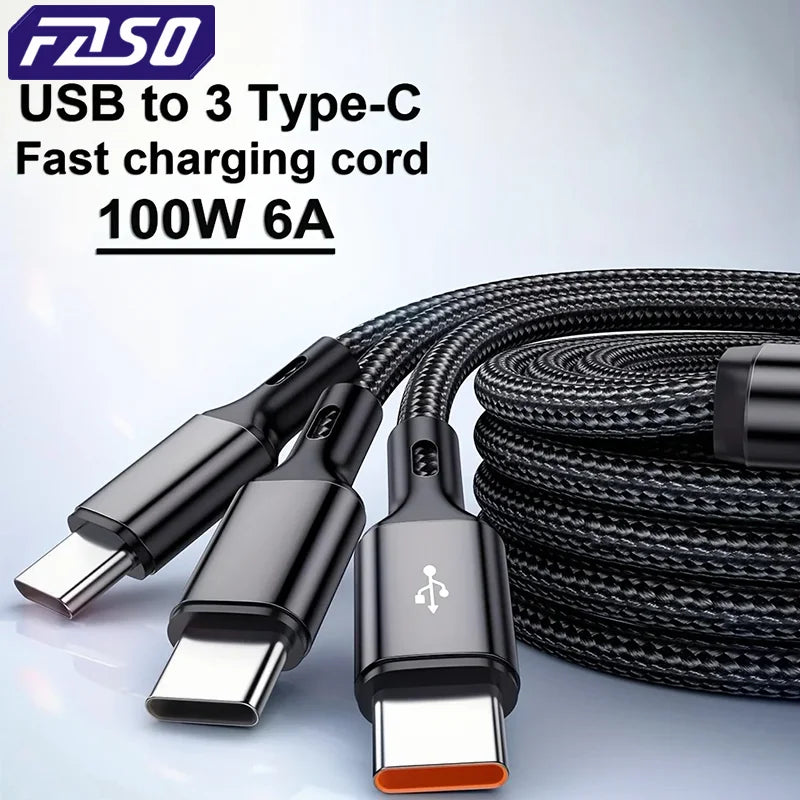 FASO 3-in-1 USB-A to 3×Type-C Cable | 100W 6A Fast Charging & Data Sync