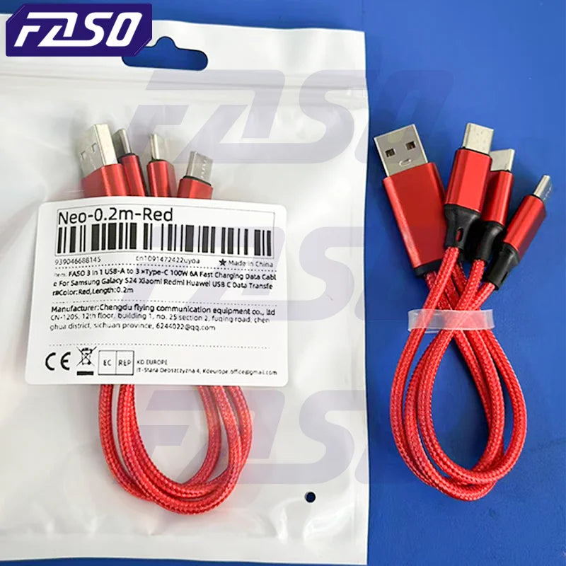 FASO 3-in-1 USB-A to 3×Type-C Cable | 100W 6A Fast Charging & Data Sync