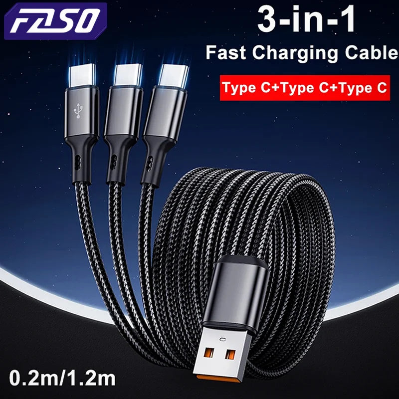 FASO 3-in-1 USB-A to 3×Type-C Cable | 100W 6A Fast Charging & Data Sync