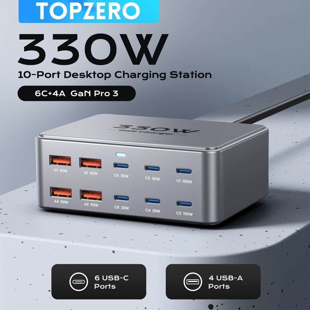 330W GaN USB-C Multi-Port Fast Charger – PD 3.0 / PPS / QC 3.0 for Laptops & Phones