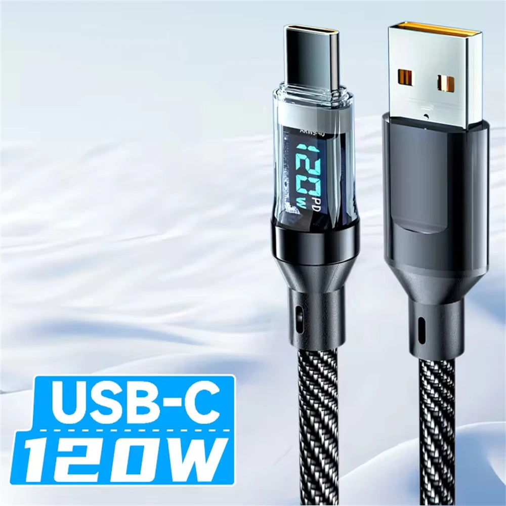 120W USB-C to USB-C Fast Charging Cable with LED Display – For Android, Samsung, Huawei, Xiaomi, More